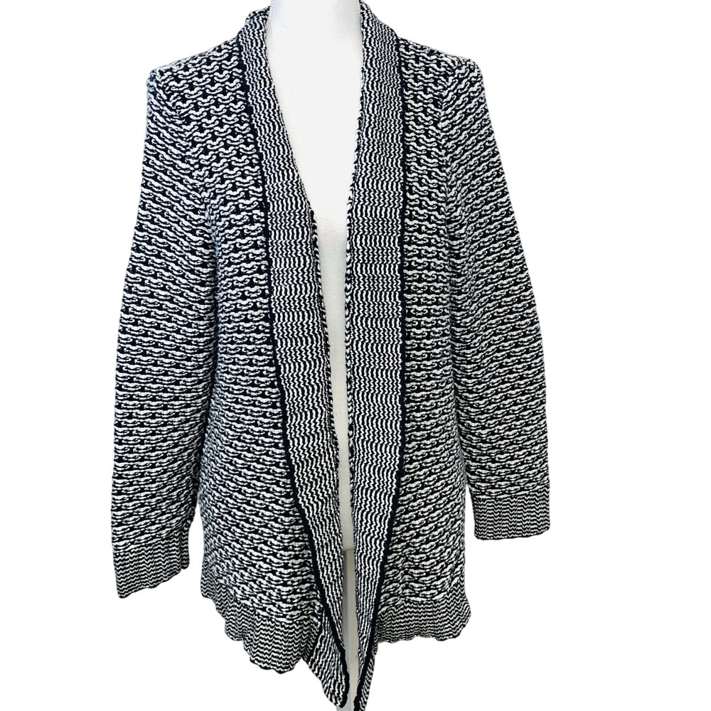 Talbots Open Chunky Cardigan Woman 1X Wool Cotton Black‎ White Thick Texture